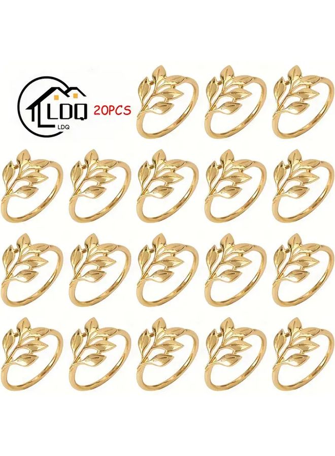 20 قطعة من حلقات المناديل الذهبية القابلة لإعادة الاستخدام بتصميم أنيق على شكل أوراق ناعمة الحواف سهلة التنظيف ومتينة زينة طاولة معدنية - Image 1